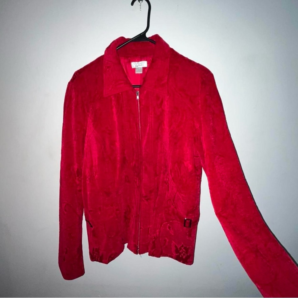 RED VELVET LIKE JACKET WITH FLORAL DETAILS